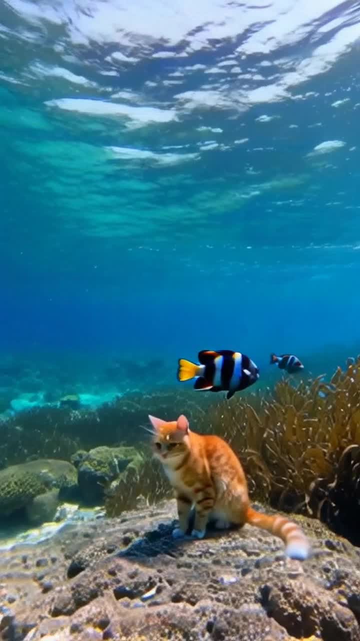 Colorful tropical fish darting playfully through crystal clear waters shimmering with sunlight glinting off scales A fluffy orange tabby cat crouched at waters edge pouncing with curiosity as ripples form around its paws Vibrant coral reef teeming with life bright seaweed swaying rhythmically creating an enchanting underwater wonderland