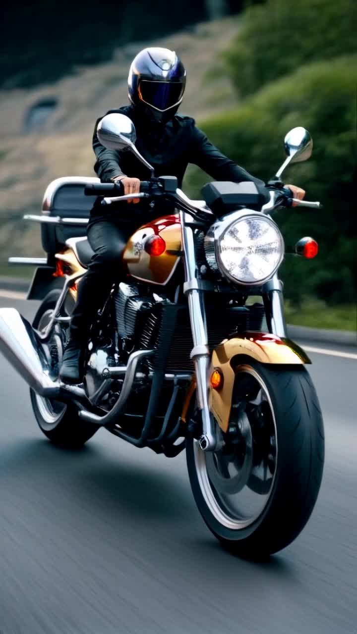 A futuristic motorcycle with two round spheres that are electromagnetic pulse generators that levitate and propel the motorcycle it has a force field type bubble around it to protect the rider high detail with fillagree designs in the bikes metal and frame glistening golden and red hues a man riding it dressed in all lack with a dark helmet on