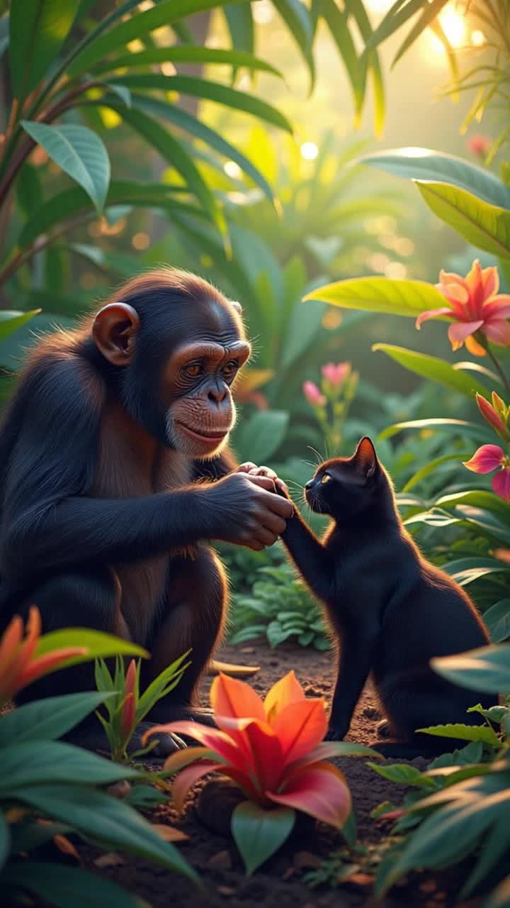 Chimpanzee and cat shake hands and dance and shake hands