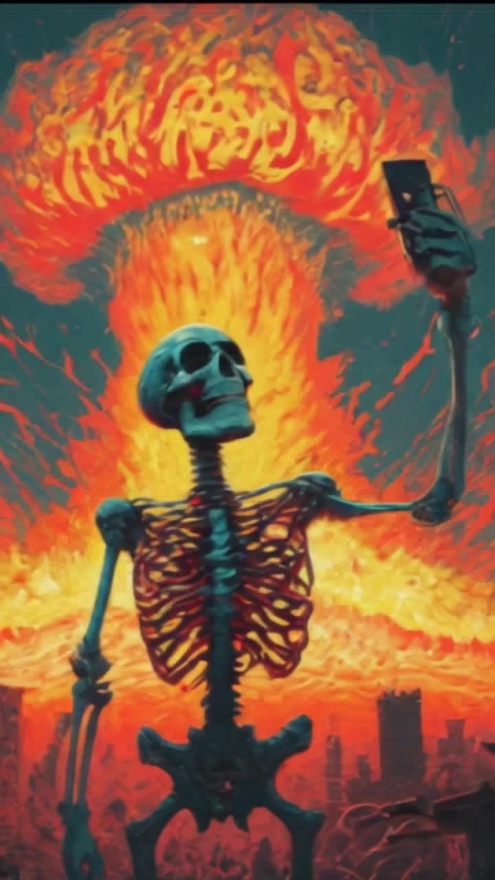 Skeleton taking a selfie in front of an exploding nuclear mushroom cloud,
