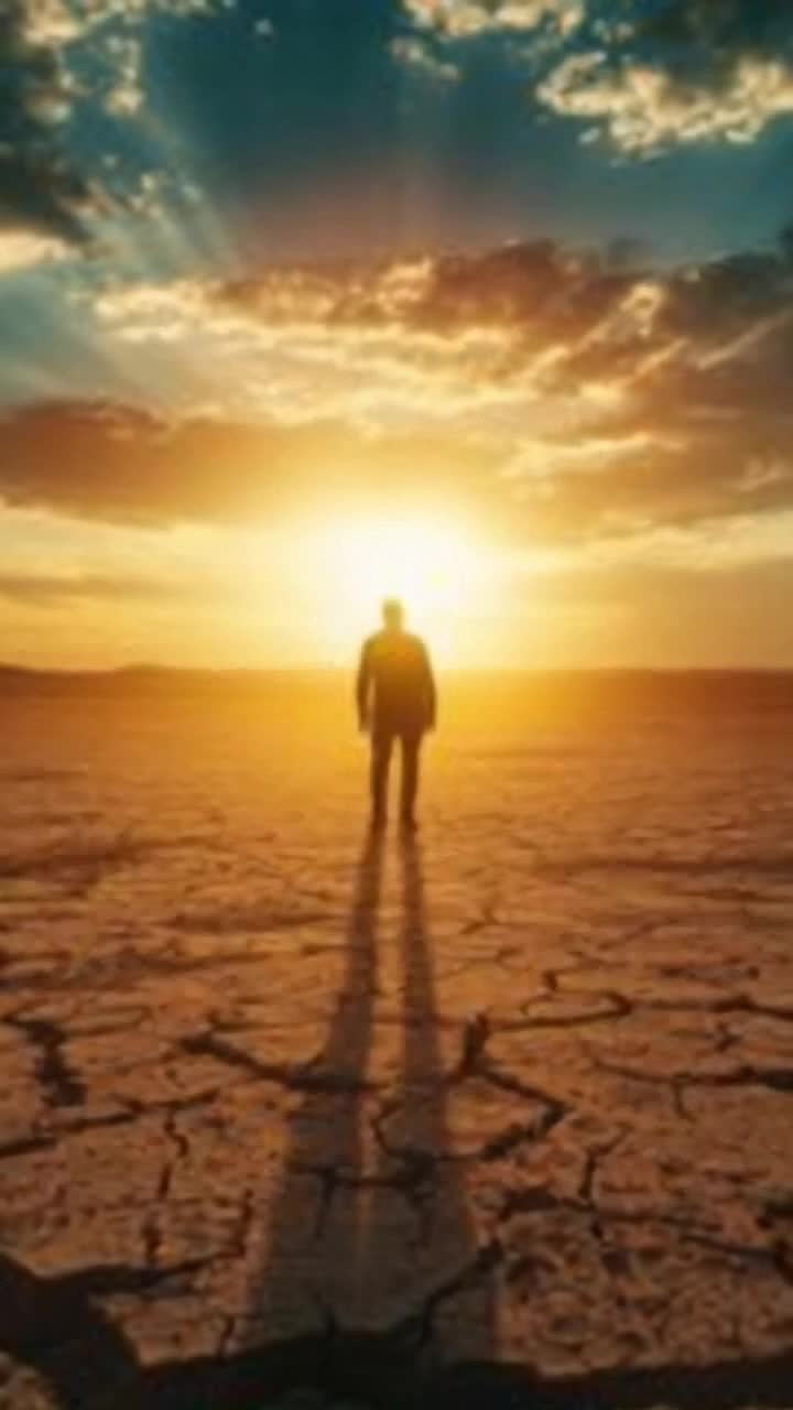 man walking quickly down cracked earth