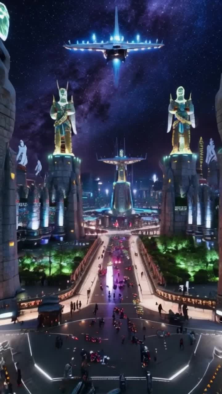 Futuristic metropolis adorned with massive statues of Viking deities towering over streets glowing in neon light soaring Viking warship gliding silently above cityscape honoring the gods Odin Thor Frey Freya and others bustling with life urban dwellers in sleek attire and advanced technology vibrant ecosystems integrated within architecture mesmerizing starry sky twinkling above blending Norse mythology with modernity showcasing harmony between ancient beliefs and futuristic innovation