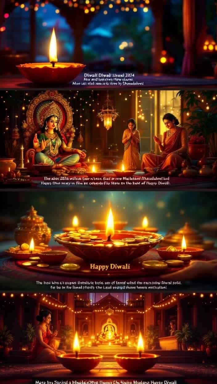 Heres a script for a Mahalakshmi Dhanalakshmithemed reel based on Diwali You can make it shorter or longer, and add music of your choice such as devotional or festive musicDiwali Mahalakshmi Dhanalakshmi Reel ScriptDuration Approximately 3045 seconds depending on the tempo and transitions of the musicMusic Upbeat, devotional Diwalithemed music Shots  Visuals  Text On Screen Text Overlay  VoiceVoiceover Optional  NotesTips  1 Opening  Closeup shot of a beautiful, glowing lamp or rangoli  None  Calm and devotional tone Welcome to that night  Hold for 23 seconds, then quickly move to the next shot   2 Transition  Some beautiful and rapidly changing shots of home decorations torans, lights, chandeliers  The Festival Arrives  When Every Corner Sparkles  Show 23 shots in quick succession, to the beat of the music  3 Mahalakshmi Invocation  A reverent shot of a puja thali in hand or an idolpicture of Mahalakshmi  Goddess Mahalakshmi  The worship of Goddess Mahalakshmi begins  Use slow motion or keep the focus on Goddess Lakshmi  4 Wealth and Prosperity  A pile of gold coins or symbolic objects, money, a new account book, or fruits and sweets  Wealth, Prosperity, and Opulence  Our Faith, Our Labor, Her Blessings  These shots represent Dhanalakshmi  5 Family and Happiness  A happy shot of family laughing or praying  Happiness and Love   This Diwali, may your home and family be showered with wealth and love  This shot should be heartwarming  6 PrayerResolution  A closeup of someone praying with folded hands or lighting a lamp  Happy Diwali  May your life be filled with auspiciousness and prosperity  Make the text large on the screen for a moment  7 Closing  A beautifully lit shot of the entire house  Diwali2024 Mahalaxmi Dhanlaxmi HappyDiwali  The music builds up and ends  Hold for 35 seconds, depending on the length of the reel Some tips for creating a reel Music Make sure the music is copyrightfree or has permission to use it for the reel Devotional or filmy Diwali music is a good choice  Transitions Use quick and engaging transitions like zooms or slides between shots to keep the Reel moving Lighting Use natural or warm lighting to create a beautiful and divine atmosphere Tags When uploading your Reel, be sure to use hashtags like Diwali2025, MahaLaxmi, DhanLaxmi, Deepawali, FestiveVibes Call to Action Ask viewers how theyre celebrating Diwali in the caption to increase engagement 8K FULL HD QUALITY HIGHEST QUALITY ANIMATION ANIMATED HIGH QUALITY HIGHEST QUALITY REGULATION