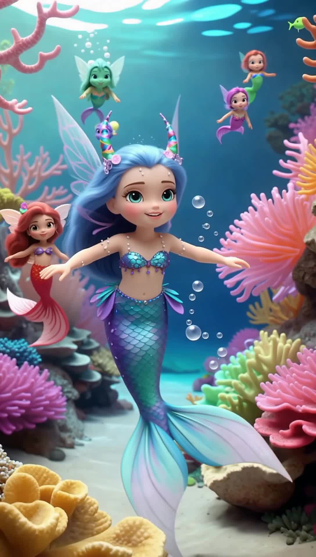 The adorable pixie mermaid glides through her underwater coral city with graceful finesse, fierce mermaids of all kinds mimic her graceful movements along the underwater coral city avenue of life, in vivid detail and striking color depth