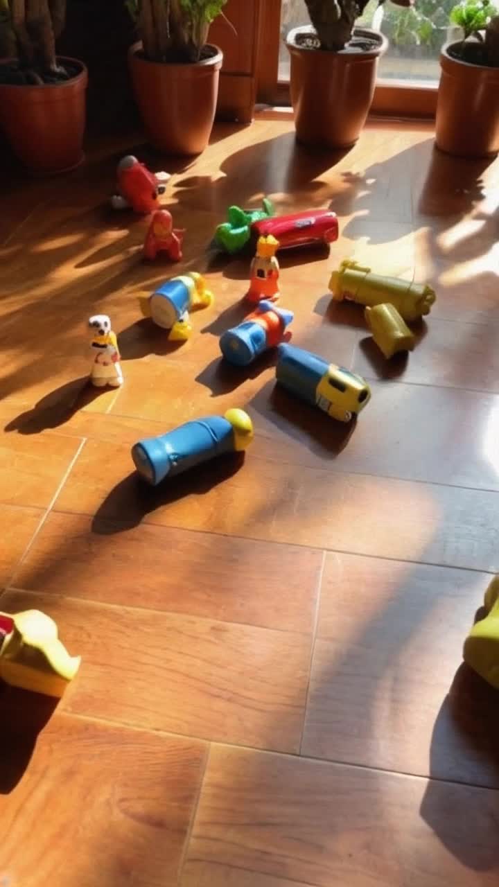 Vibrant classic toy figures bursting with color playfully tumbling across a sunlit wooden floor Sparking joy as they clatter and roll creating a cheerful symphony Lush green potted plants frame the scene casting gentle shadows while warm sunlight filters through a nearby window illuminating the joyous chaos of nostalgiafilled plastic wonder