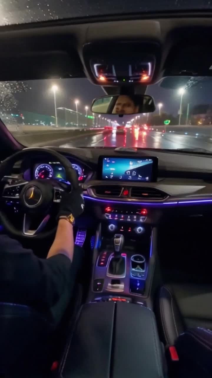 Luxury sports car gliding effortlessly sleek dashboard illuminated with soft neon lights hands gripping steering wheel with black gloves shifting gears with precision swift motions on slightly wet highway surrounded by shimmering city lights reflecting off rainsoaked pavement speeding at 80 miles per hour windshield wipers sweeping rhythmically clearing droplets focus on speedometer showcasing 80 gas tank filled to the brim vibrant LED lights from the radio pulsating in sync massive 22inch HD touchscreen dominating console centerpiece of opulence golden Y emblem gleaming on steering wheel capturing sense of power and speed
