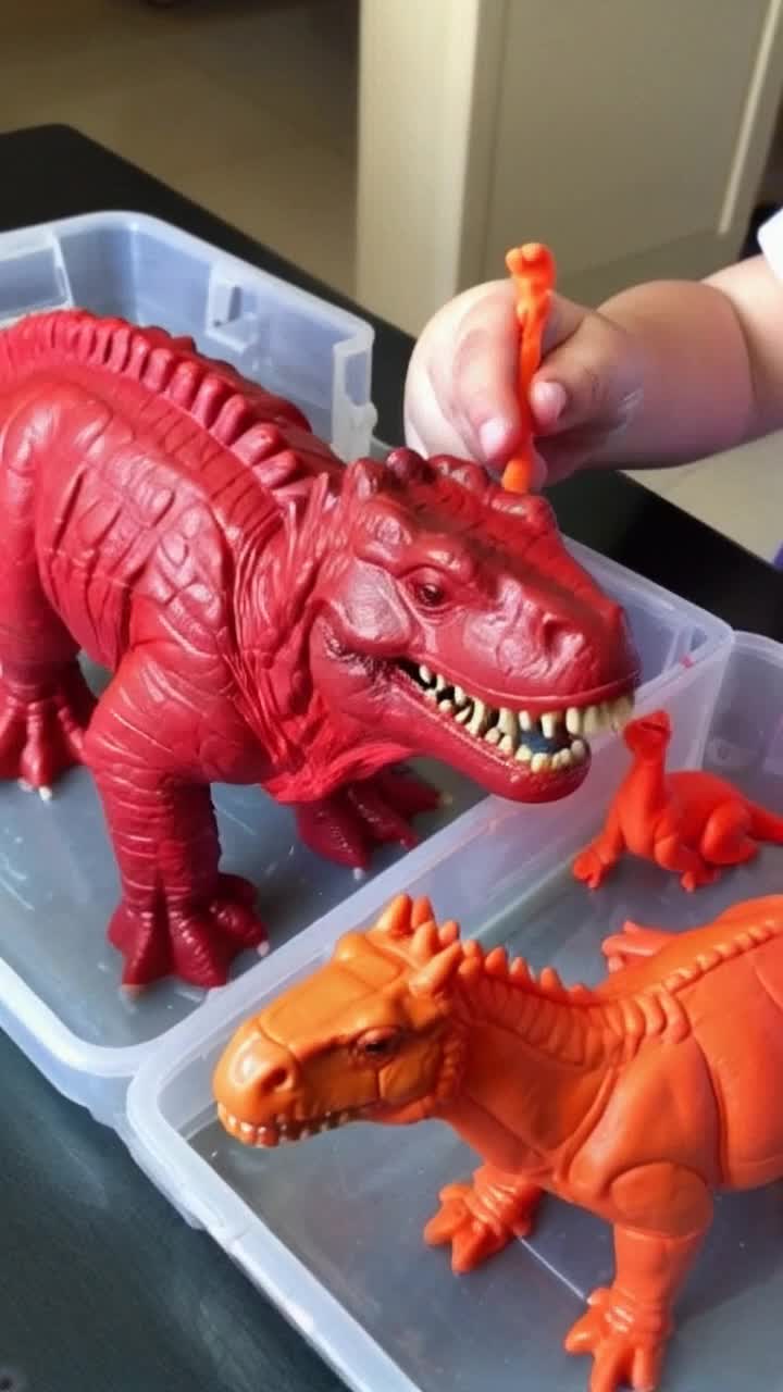 A close up view of child using PlayDoh clay mold plastic presses on his little plastic table made for children, bright clay colors as his hands form a red tyrannosaurus and orange triceratops