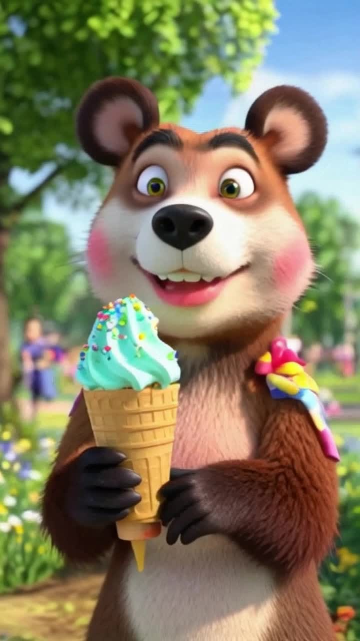 The anthropomorphic Badger with bright pink cheeks holds a cone of bright fruit ice cream with balls covered with colorful sprinkles in his paws, and melting drops of sweets cascade down his smiling face with sparkling eyes and laughter that bursts with joy, The golden sunlight penetrates through the lush greenery of the trees, and in the background you can hear the laughter of the neighborhood children playing in the sunlit park filled with blooming flowers, while a warm breeze whispers in the air, creating a perfect summer day of joy and relaxation