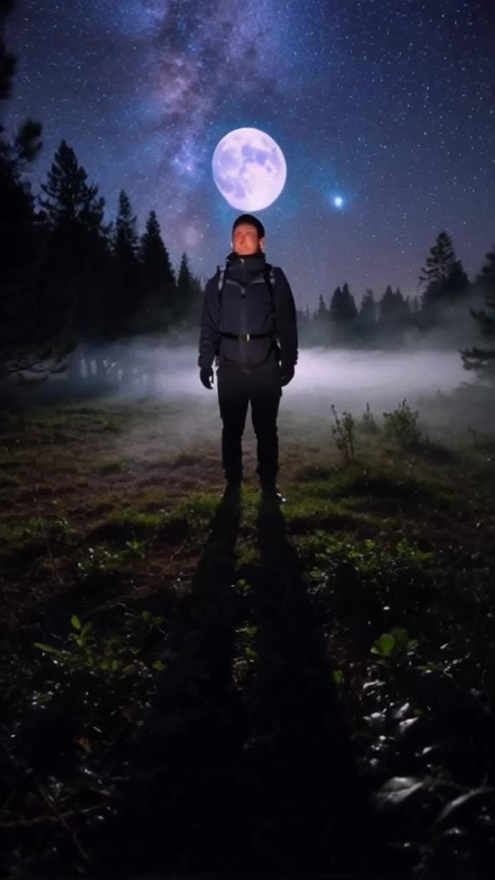 Paranormal outdoorsman clad in rugged gear illuminated by ghostly moonlight Eyes widening in awe skidding to a halt amidst eerie stillness Shadows flickering and swirling around ancient trees pulsating with ethereal energy Surrounding clearing shrouded in mist whispering secrets of the nocturnal wilderness Stars twinkling above creating a magical canopy Overgrown foliage glistening with dew adding mystical allure