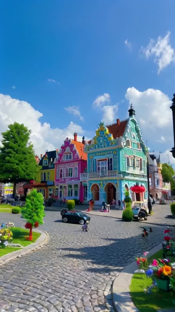 Whimsical miniature town bustling with vibrant tiny citizens sparklingly colored houses meticulously detailed tiny cars zipping through cobblestone streets Joyful inhabitants waving at each other as they engage in lively conversations Lush green parks filled with fluttering butterflies vibrant flowers swaying in the gentle breeze Clear blue sky overhead with fluffy white clouds drifting lazily by Sunlight casting playful shadows highlighting intricate architecture of quaint buildings creating a charming atmosphere alive with movement and color