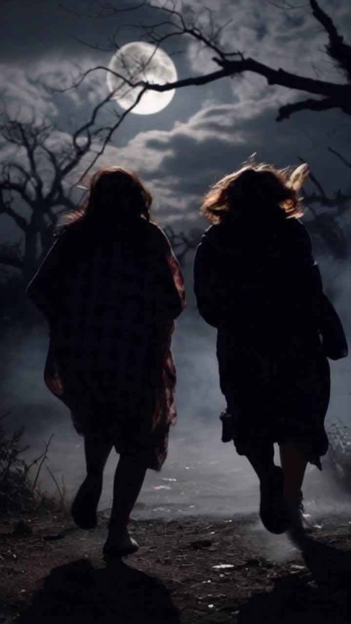Two shadowy figures of women cloaked in tattered garments sprint away breathlessly from the camera their faces distorted with fear hair billowing behind them dark tendrils of fog swirling ominously around their legs flickering shadows dance menacingly among the trees chilling echoes of whispers fill the air as twisted branches loom overhead casting haunting silhouettes against the dim light a sinister moon peeks through the clouds creating an eerie glow illuminating their frantic escape