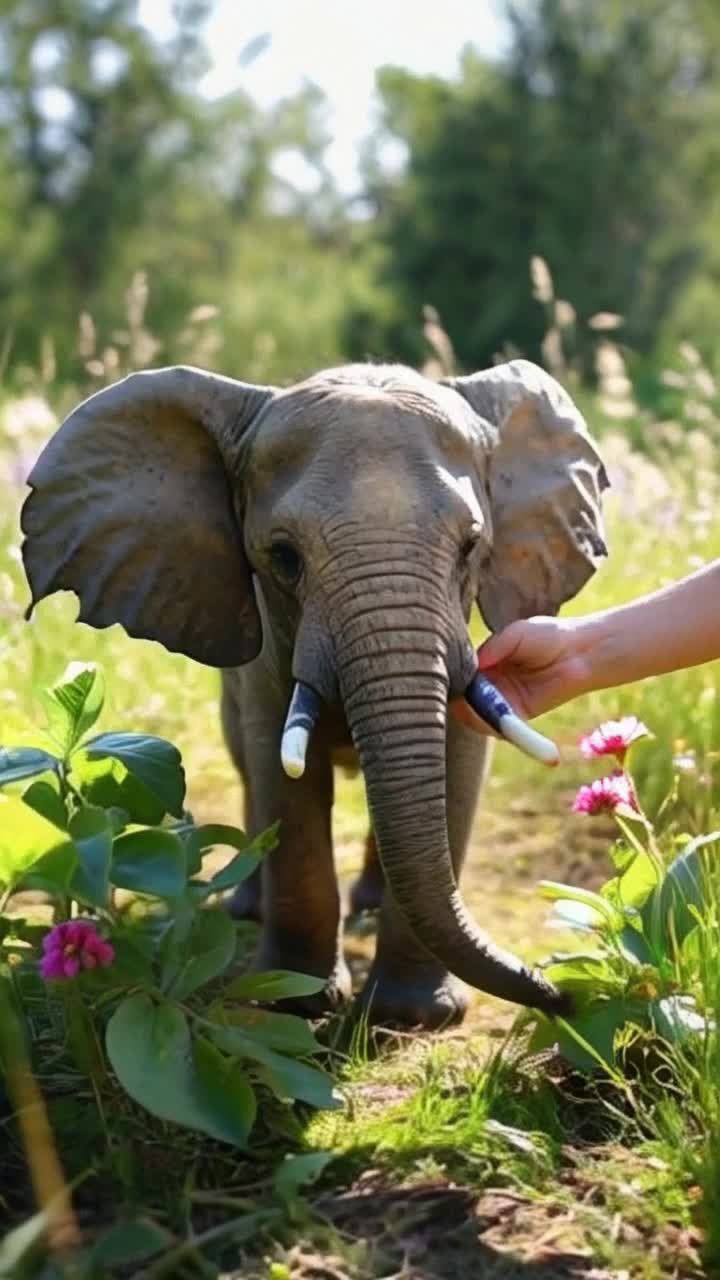 Adorable miniature elephant with big sparkling eyes frolicking joyfully in a gentle hand of a smiling child Tiny trunk playfully swaying as it explores the palms landscape Soft sunlight streaming through lush green leaves above casting playful shadows Vibrant flowers dotting the scene, creating a whimsical atmosphere Surrounding grass softly swaying in the breeze as birds chirp cheerfully nearby