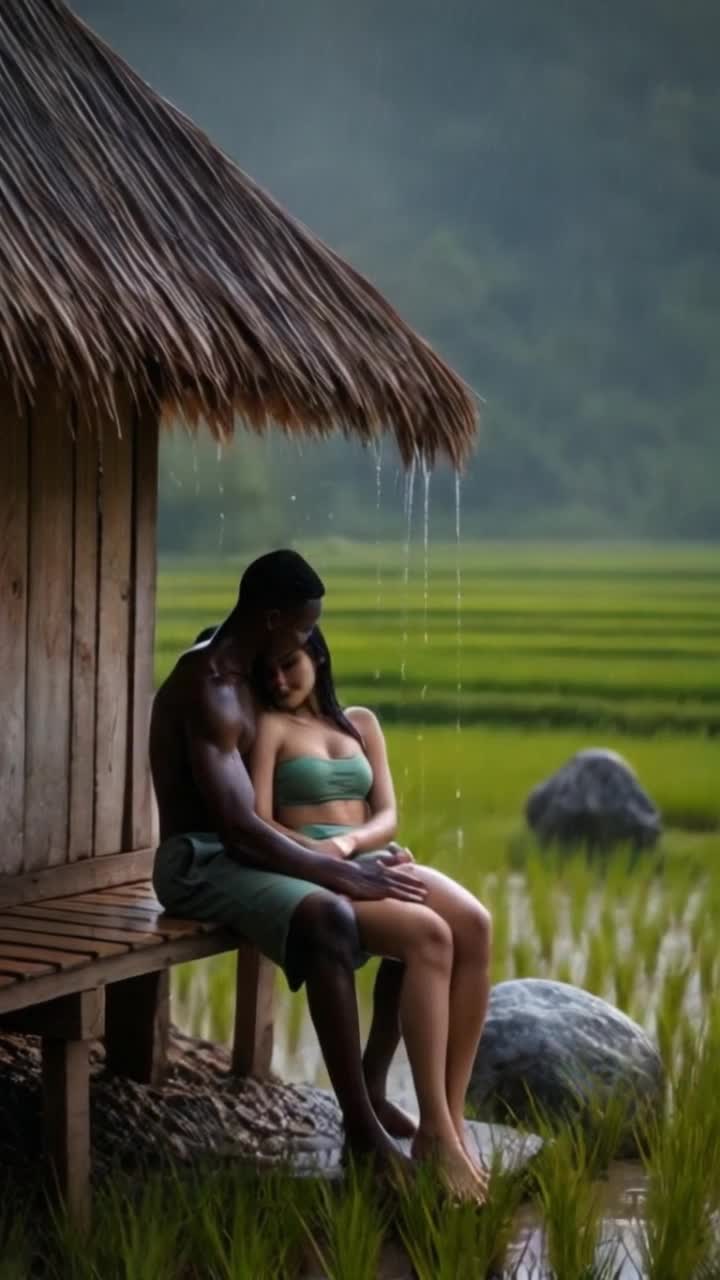 heavy rain, man massages woman gently