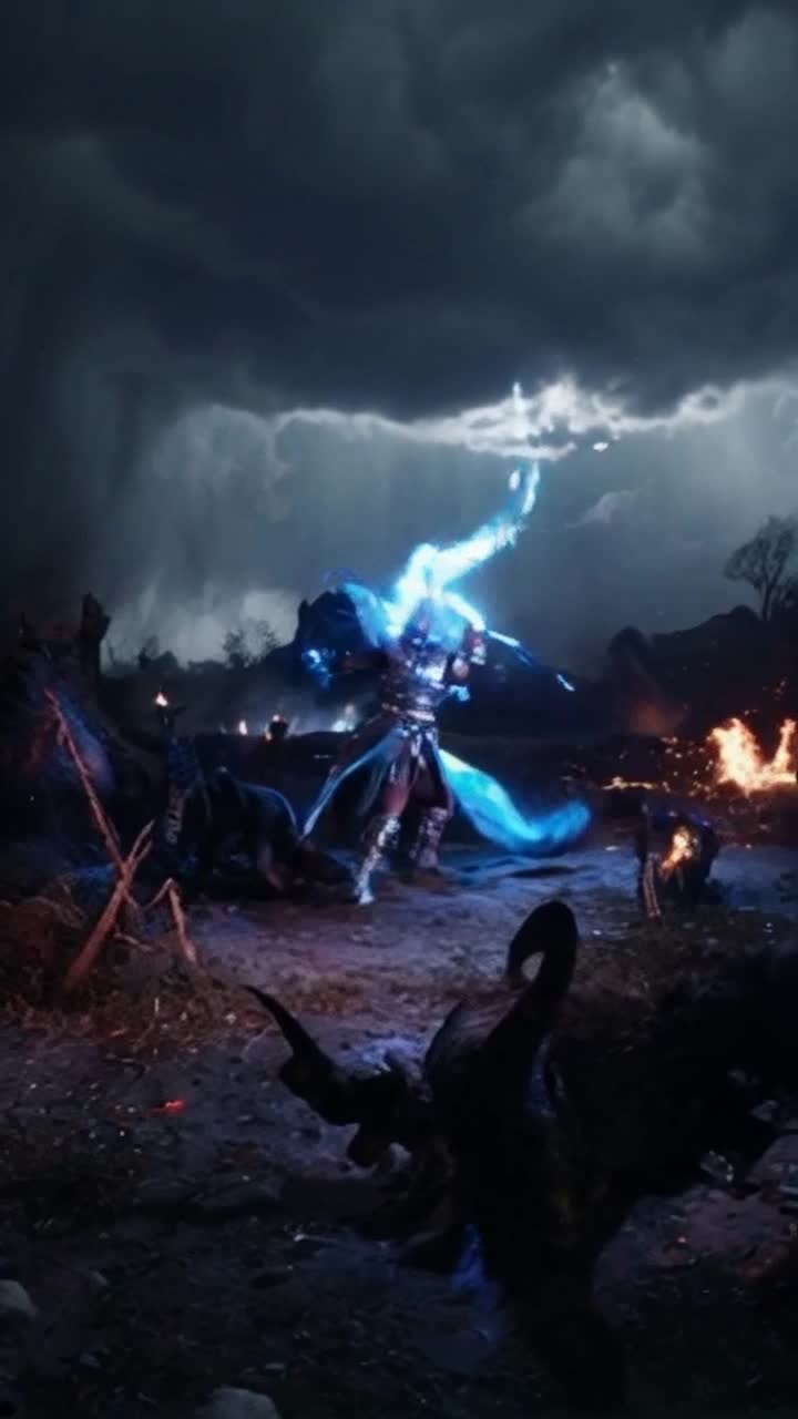 Chosen warrior draped in shimmering armor radiant blue energy glowing around them executes a mesmerizing dance through swirling chaos evading feral claws snapping jaws with precision weaving between shadows unleashing electrifying strikes illuminating the dark tumultuous landscape filled with flickering lights and ominous shadows flashes of wild beasts lurking around heavy clouds swirling in ominous skies thunder rumbling in the distance enchanting echoes of distant battles resonating through the air