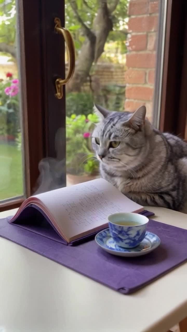 A gray tabby cat sits at a little table that has a Blue Willow china tea pot and Blue Willow tea cup in saucer Steam gently forms above spout and cup The gray tabby is writing in a purple hardcover journal with an average pen, stops to take a careful sip of tea from the cup and place the cup back on the saucer, glance out the nearby eye level windows where a lush flower garden and butterflies are visible , then the cat resumes writing
