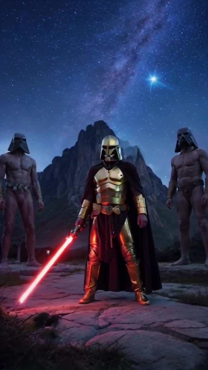 Fierce Jedi Knight standing at five feet six wearing gleaming golden helmet and flexible body armor wielding glowing furry red lightsaber against five towering giants beheaded in a flurry of skillful movements Radiant evening light bathes the scene as vibrant colors clash with the shadowy mountain range looming in the background Crystal clear sky filled with sparkling stars twinkles above emphasizing the pronounced North Star Muscles ripple with every calculated motion showcasing power and agility Dramatic tension builds as night approaches highlighting the epic battle between light and darkness engulfing the ancient landscape