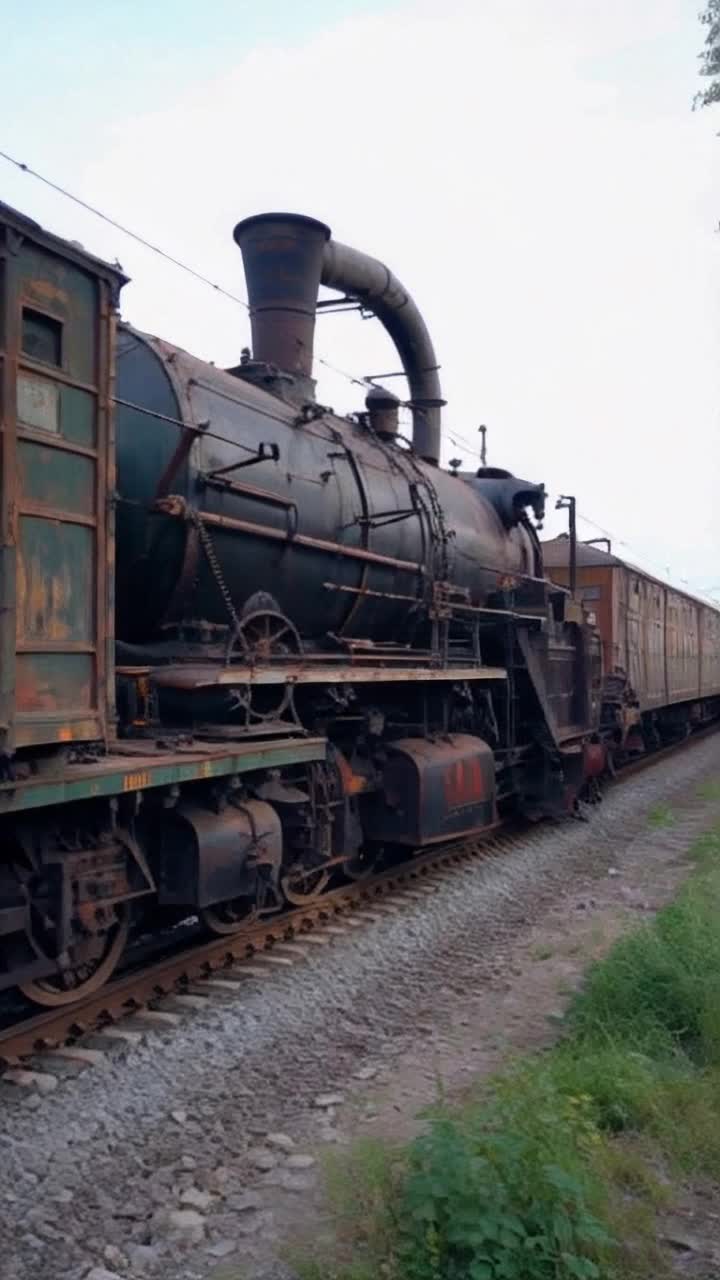 A beautiful and realistically depicted automotic engine of the 1870s with a long train of faded boxcars the train has been abandoned and left to rot rust and fade on the old broken tracks