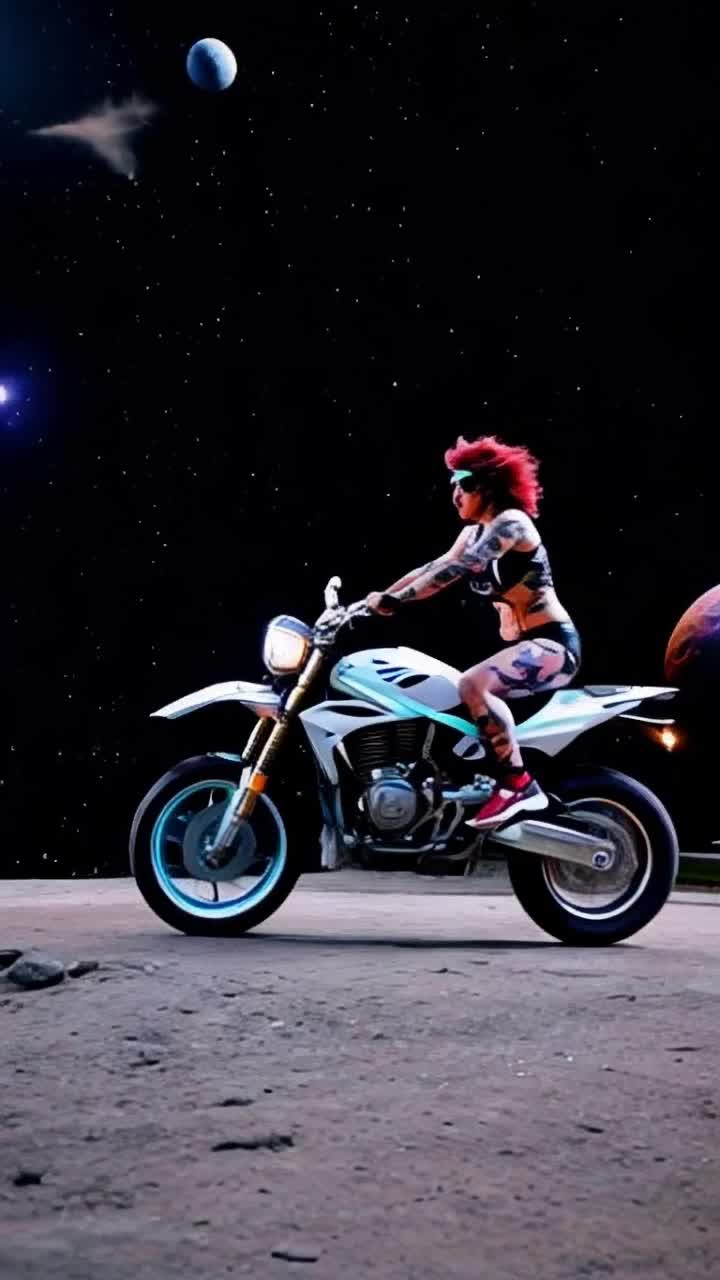Sleek metallic futuristic motorcycle glinting under neon lights daring cybergothic lady adorned with vibrant tattoos and wild hair flying through air performing gravitydefying wheelies and exhilarating stunts exhilarating speed launched from pulsating wormhole swirling with electric colors cosmic stars streaking across dark void creating a mesmerizing backdrop of a distant planet glowing in shades of purple and blue setting an otherworldly atmosphere