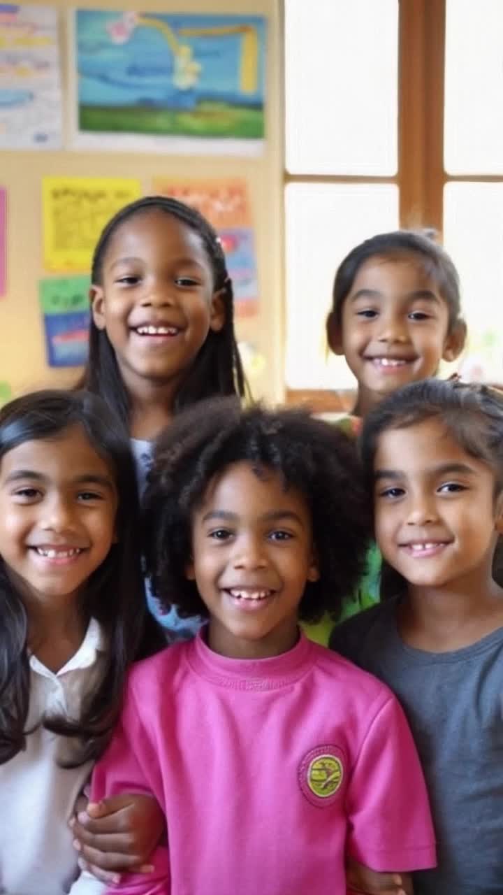 Bright smiling faces of diverse children with animated features display excitement as colorful pronouns dynamically transform around them enriching their playful exploration of language swirling letters and vibrant graphics float around creating an immersive learning experience in a whimsical classroom filled with books educational posters and inviting sunlight streaming through windows