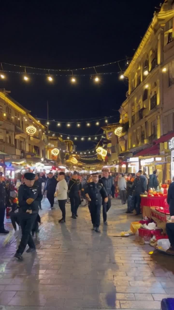 Vibrant street scene filled with a diverse group of people gathered together under twinkling lights preparing for sahur celebration rhythmic drumming echoing through the air as animated officers join in joyfully dancing along pedestrians laughter mingling with festive chatter colorful food stalls overflowing with aromatic dishes night sky illuminated by lanterns creating a warm inviting atmosphere