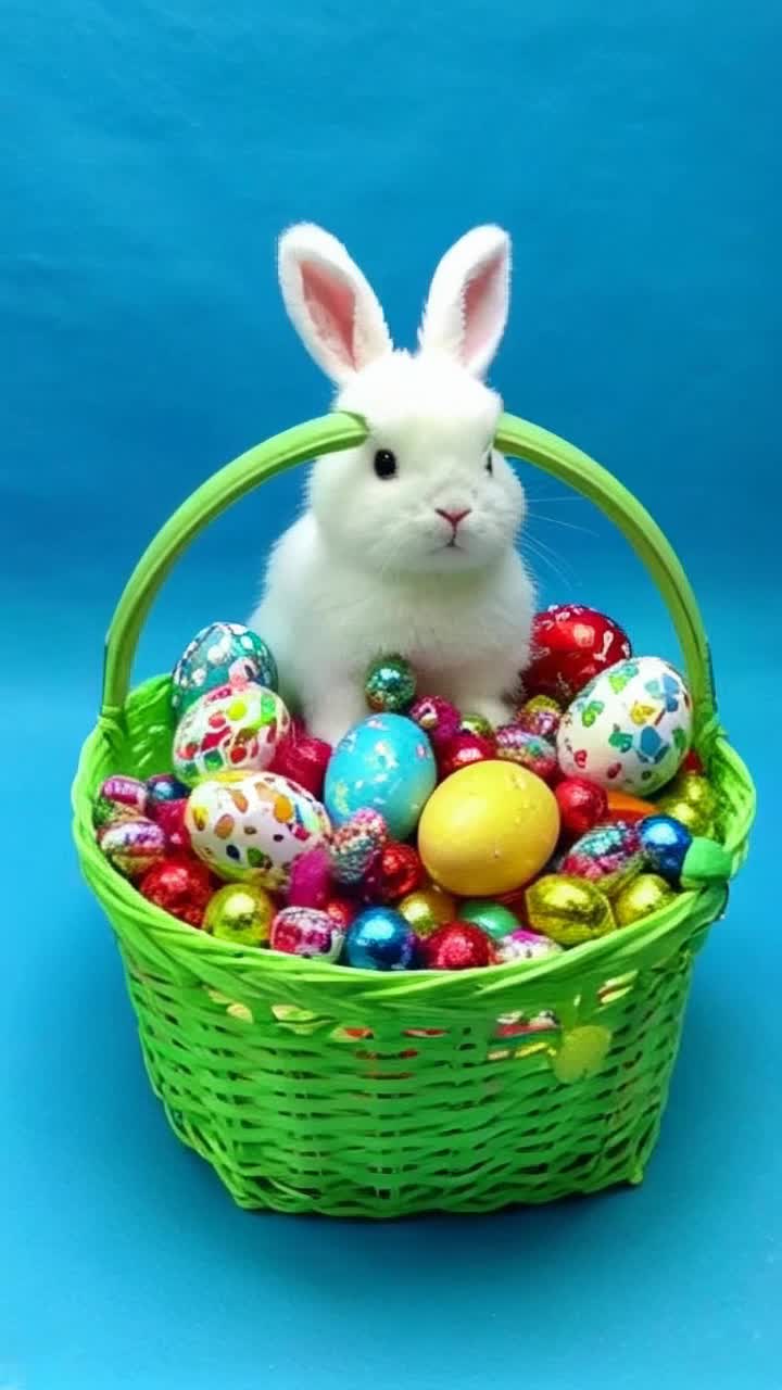 Colorful sparkly easter eggs and candy in an easter basket, easter bunny, colorful background,