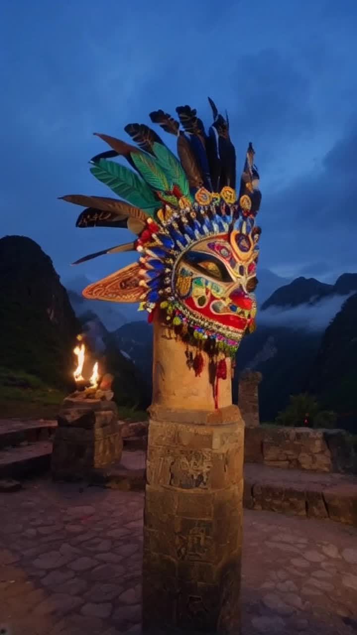 Intricate ancient mask of vibrant feathers adorned with gemstones detailed carvings of mythical creatures worn by a solitary Inca shaman performing a sacred dance under a twilight sky surrounded by misty mountains flickering torches casting shadows on stone altars echoing distant chants of ancestors