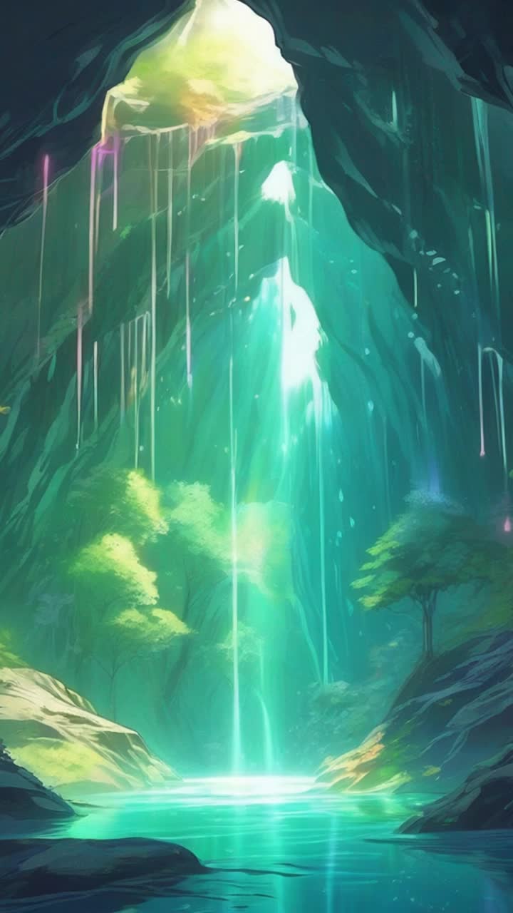 Animated anime style colorful phosphorescent water pours out of a mountain cave, half in sunlight, half in shadow that catches beams of sunlight through forest branches in its mist rising from cool pools of water from below