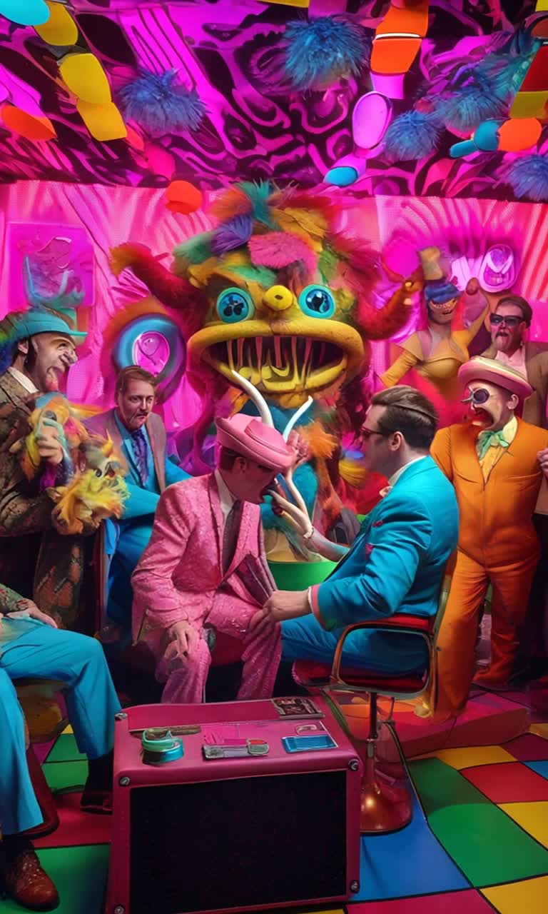 Grotesque creatures with drooping snouts twisted horns long tails adorned in vibrant mod 1960s attire collide in chaotic banter and laughter amidst zany psychedelic game show atmosphere Colorful oversized squares flash neon lights from a backdrop overflowing with psychedelic patterns rich in vibrant hues echoing vintage television sets Ridiculous challenges unfold as these bizarre contestants drool squabble and engage in comical displays of charm and horror capturing the absurdity of this parody