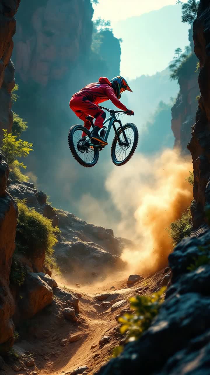 Mountain biker soaring high above a rocky gorge vibrant colors radiating from protective gear adrenaline pumping through every muscle Extreme aerial acrobatics showcasing bold twists and flips Wind whipping through hair as bike rotates in midair capturing jawdropping angles Fearless spirit embodied in this daring maneuver surrounded by towering cliffs and lush greenery underscoring natures beauty Thrilling soundtrack echoing excitement heightening heartracing moments Splashes of dirt and dust trailing behind as biker lands effortlessly creating a mesmerizing spectacle of speed and skill
