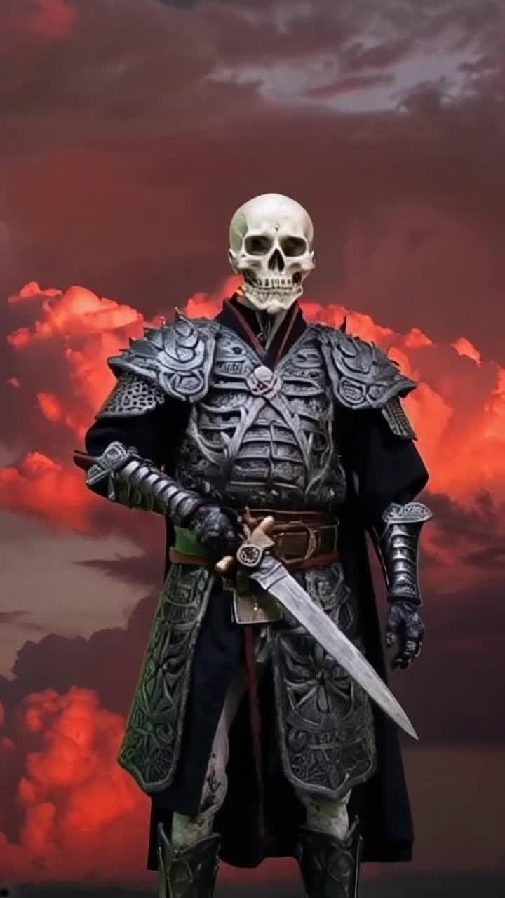 Skeleton samurai warrior with ornate armor and clutching a sword, crimson stormy skies