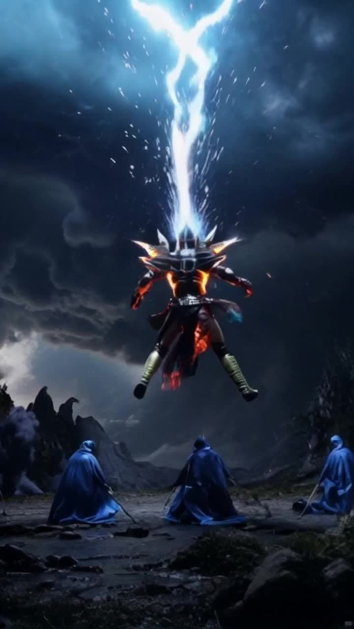 High vibrational warrior with spiky hair bursting with energy Charging forward unleashing brilliant atomic blue energy that crackles like lightning Shattering dark spells cast by sinister cloaked witches under a stormy night sky illuminated by flashes of electric light surrounded by swirling shadows and ominous thunderclouds