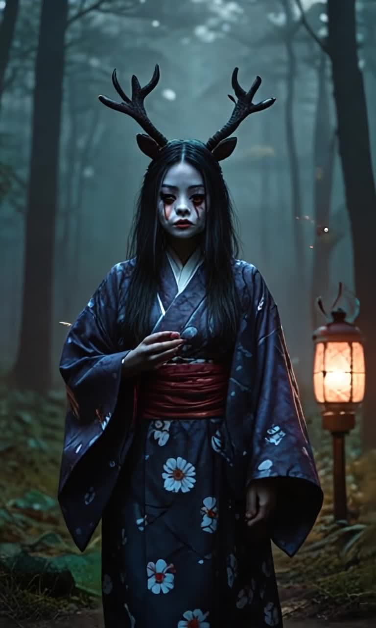Elegant woman with dark hair adorned in an intricately styled traditional kimono features whimsical eerie designs intertwining florals with dark tones glides gracefully through a surreal forest oversized cherry blossoms loom above twisted trees sway gently floating lanterns cast a soft glow dim lighting enhances high contrast creating a moody atmospheric scene infused with vintage 1980s cinematic nostalgia film grain dances across muted colors mystical ambiance envelops her whimsical presence wrapped in shadows hints of magic fill the air whispering dark secrets throughout the enchanted grove