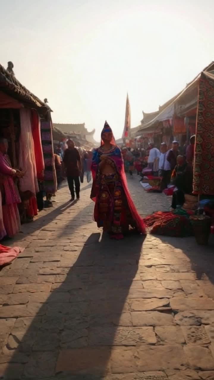 Mystical figure cloaked in vibrant threads of fabric gliding gracefully across a sunlit ancient marketplace adorned with colorful spices and vibrant textiles As Yadav moves fluidly through the bustling crowd, laughter and vibrant sounds echo through the air inviting curious glances Sunbeams filter through intricately woven canopies casting playful shadows on cobblestone streets Fragrant aromas wrap around each corner adding richness to the vivid scene while distant melodies of traditional instruments fill the atmosphere creating an enchanting ambiance