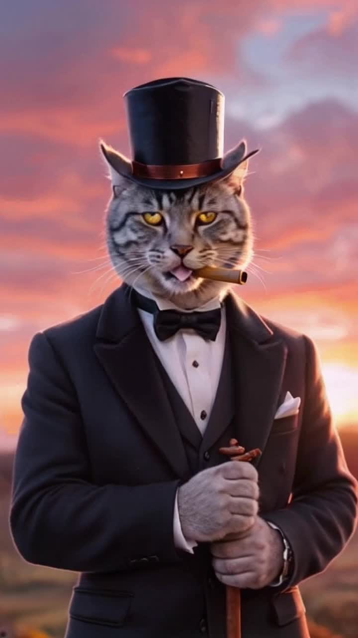 Dapper feline gentleman in a sleek tailcoat topped with a polished bowler hat cigar elegantly perched in his mouth eye shining like a brilliant diamond radiating 100 vision vintage cane firmly gripped in his paw smiling charmingly at curious passersby Scenic sunset enveloping the horizon vibrant hues of orange and pink painting the sky warm golden light casting soft shadows illuminating the scene creating a uniquely emotional ambiance hyperdetailed art style capturing every nuance of the moment
