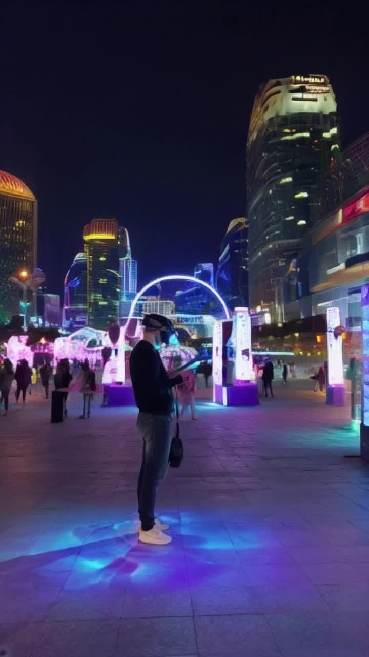 Vibrant digital artist armed with dynamic augmented reality installations unleashes cutting-edge visual displays revealing grim secrets of data exploitation Surreal neon-lit cityscape pulsating with electric colors towering skyscrapers draped in holographic advertisements swirling shadows of faceless figures interacting with glitching technology echoing unsettling truths haunting the night