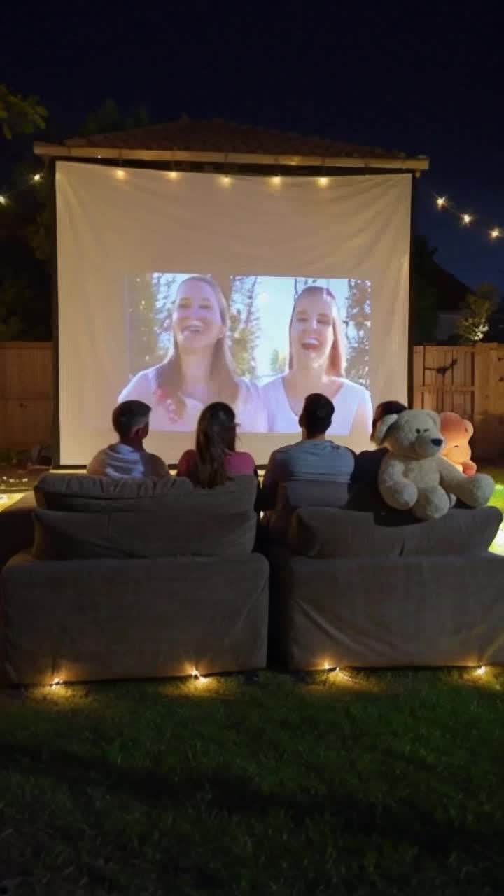 Giant cuddly teddy bears surrounding a vivacious human family laughing and sharing cozy moments snuggling under bright blankets with popcorn flying through the air Enjoying an animated movie projected onto a large white screen under twinkling stars in a beautiful Durham backyard with twinkling fairy lights strung overhead and a gentle breeze rustling the leaves of nearby trees