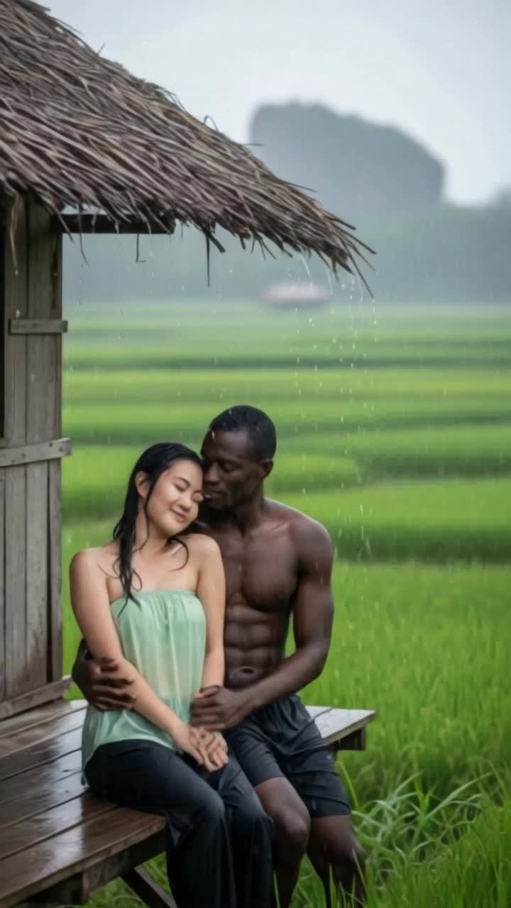 heavy rain, man hugs woman tightly romantically
