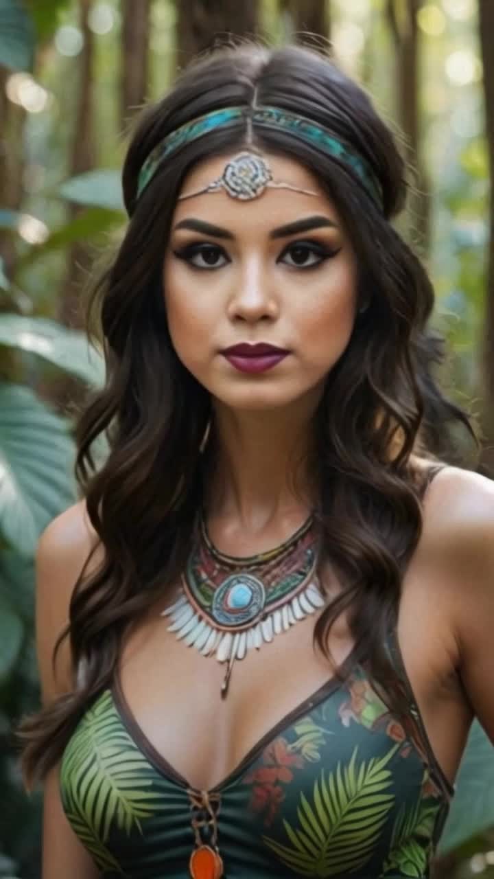 Enchanting bohemian woman draped in flowing fabrics adorned with vibrant patterns swaying gracefully amidst lush emerald foliage swarmed by exotic flowers sunbeams piercing through dense canopies illuminating her serene expression vibrant tropical birds flitting around creating a harmonious melody rich scents of damp earth and blooming nature cradling her as she twirls barefoot on soft moss ground a gentle breeze weaving through her hair creating an ethereal aura around her beautiful spirit dancing with wild freedom in a magical jungle paradise