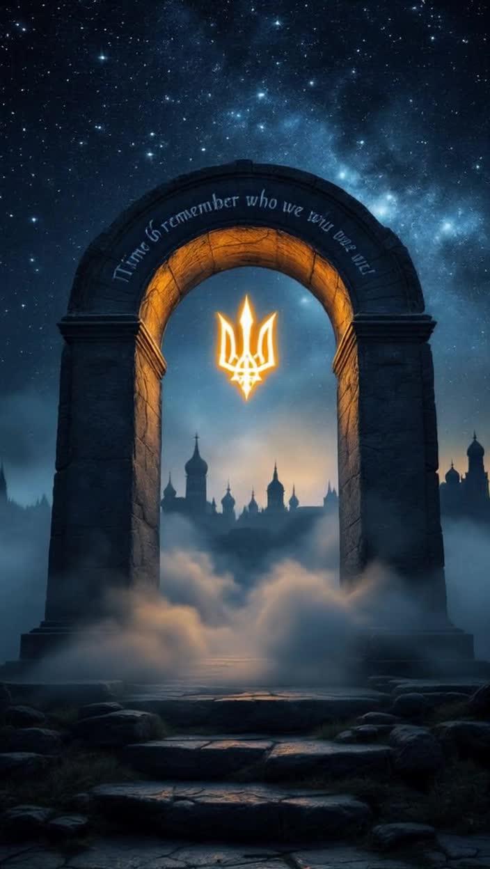 Animated stone arch with a glowing trident symbol Behind the arch starry sky, fog, silhouettes of Ukrainian domes Engraved text on the arch Time to remember who we are Stone texture, soft glow, moving fog, twinkling stars Appearing artifacts Sviatoslavs sword, Orlyks charter, viburnum berries Style mystical realism, cinematic lighting, historical depth Duration 1015 seconds Format vertical 916