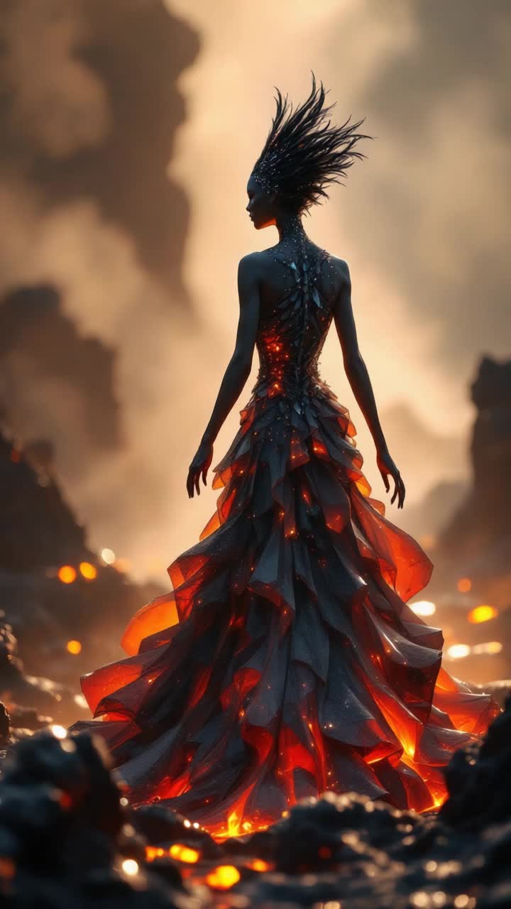 Volcanic magma flaming bright red orange and yellow as cooled black obsidian takes feminine thin stemmed, flower like, humanoid form with sharp curves in different shades of black, feathery hair reminiscent of bird plumage catches sunlight in the early morning rising, sparkling dark prism rainbow flares through hair and body as her hands deftly molds the fountain of lava the springs before her as she steps into and through it, cooling into a multifaceted dress, she is literally walking gems