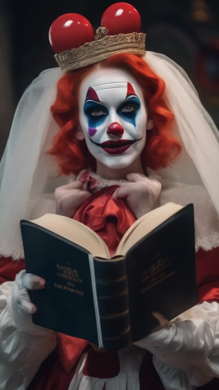 Lady with excessive clown like make up holds a bible 
