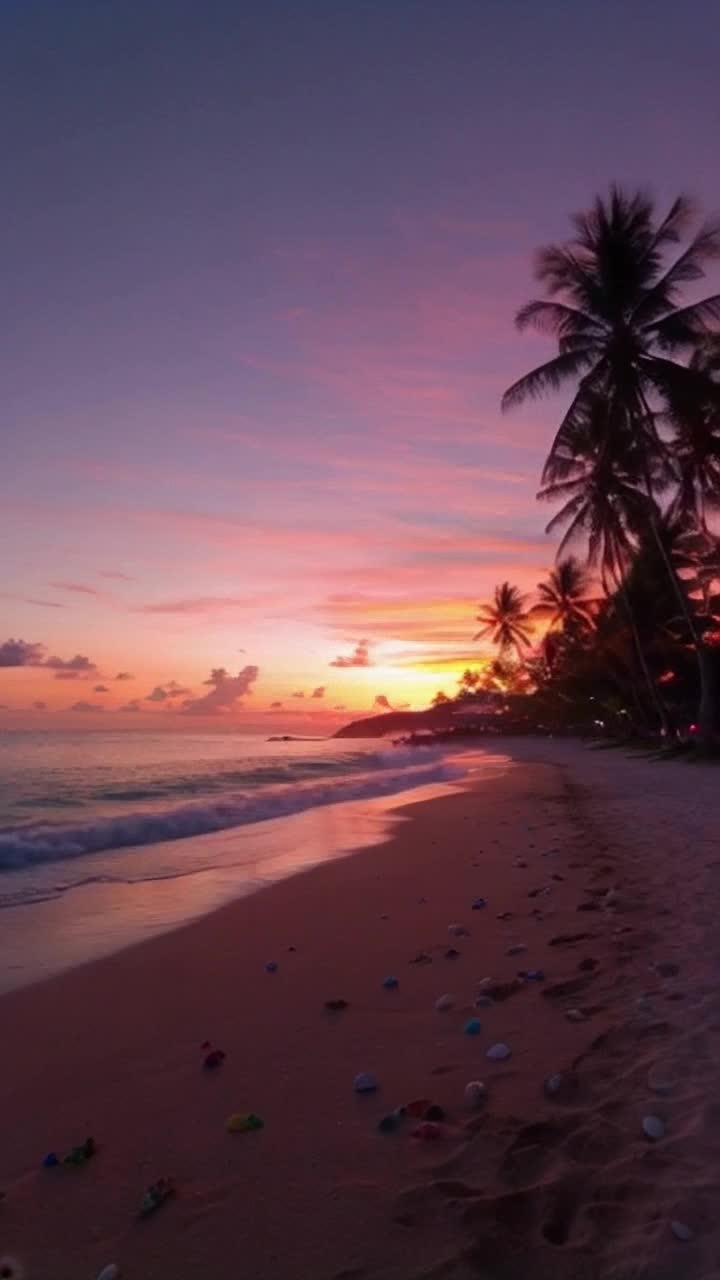 Beautiful sunset over a tranquil beach  Waves gently lapping at the shore  Palm trees swaying lightly in the evening breeze  Colorful shells scattered across the warm sand  Distant silhouettes of children playing  Soft glow of fireflies dancing in the twilight