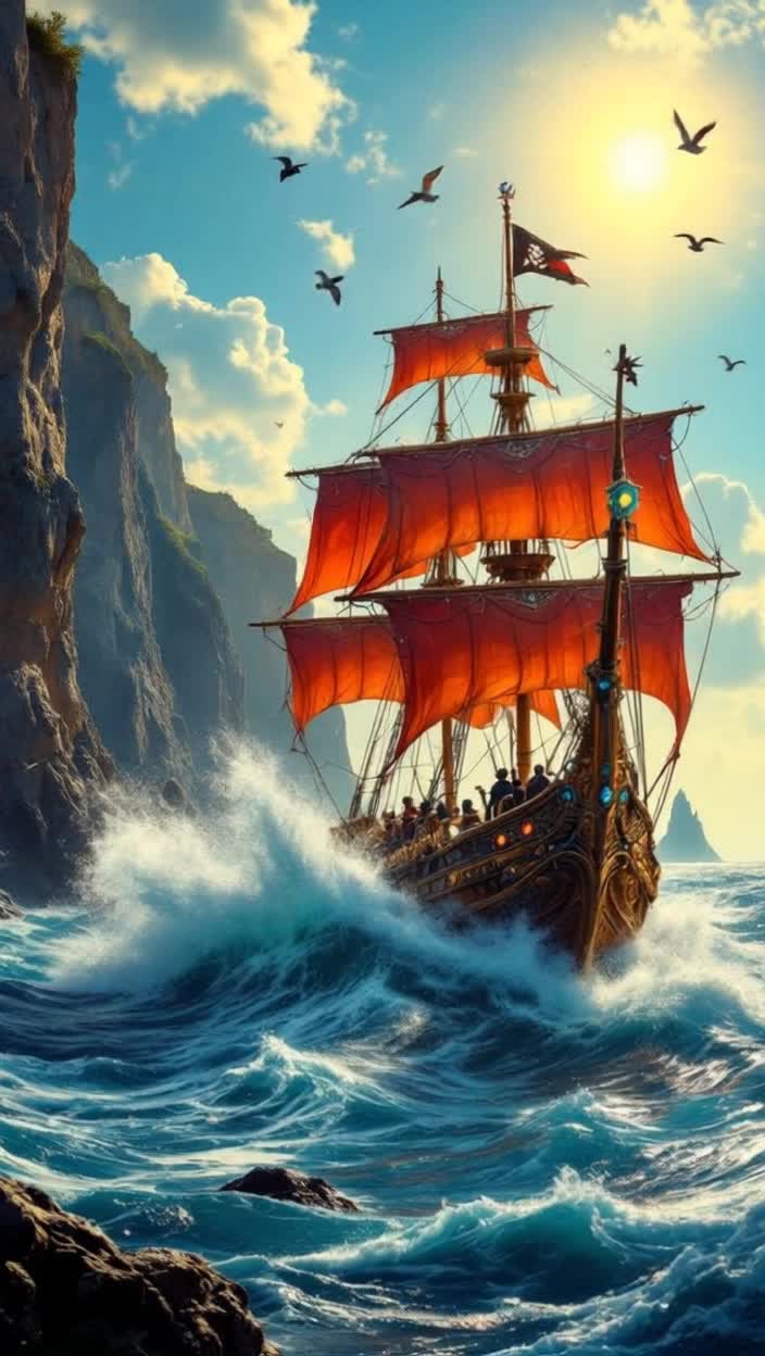 Intricate wooden pirate ship adorned with shimmering jewels sails through tumultuous waves glistening under a golden sun reflecting off the oceans surface Intrepid pirates navigate the ship expertly dodging crashing waves while their vibrant sails billow majestically in the sea breeze A backdrop of rugged cliffs and distant islands looms against the horizon creating a dramatic contrast with the expansive blue sky Seagulls glide overhead adding life to the adventure as the ship cuts through the frothy surf with grace and determination Waves crash against the hull sending sprays of water glimmering like scattered diamonds