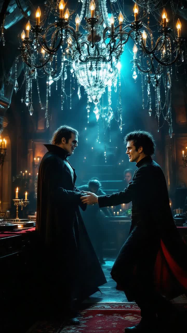 Legendary figures Dracula Wolfman Frankenstein twirling gracefully under shimmering chandeliers flickering with candlelight spinning around an ornate castle ballroom adorned with cobwebs and gothic tapestries pulsing music from a mad scientist DJ with wild hair adjusting his turntables in a corner shadows dancing along the stone walls as laughter echoes through the air creating a haunting yet joyful atmosphere vibrant with supernatural energy