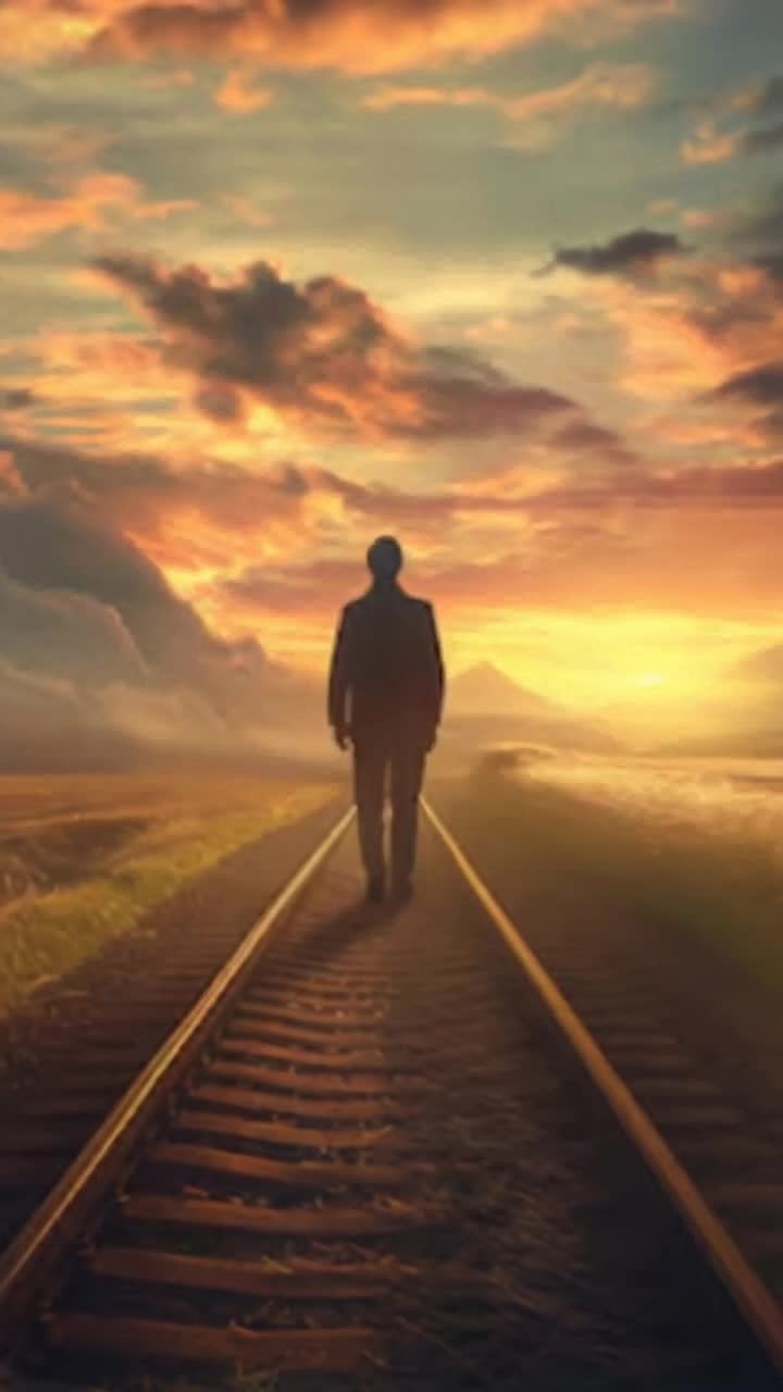 man walking quickly down railroad