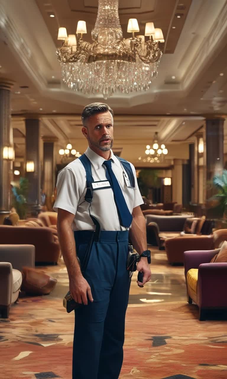 Confused hotel maintenance manager wearing a slightly oversized uniform with a tool belt dangling loosely from his waist expressive facial expressions and furrowed brows moving through a bustling hotel lobby filled with ornate chandeliers and plush sofas frantically searching for a wayward wrench while guests stroll by glancing curiously at his distressed antics colorful brochures scattered around showcasing local attractions creating a vibrant and chaotic atmosphere