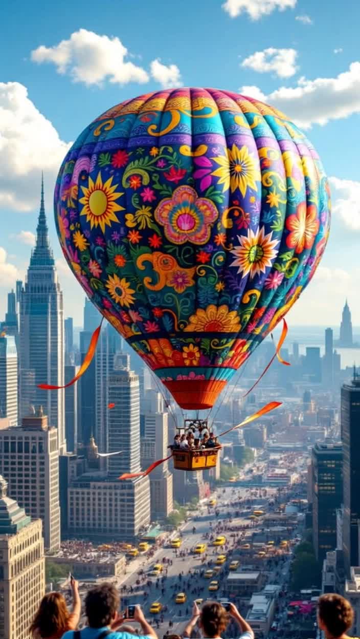 Colorful whimsical hot air balloon adorned with intricate patterns soaring gracefully through vibrant New York City skyline bustling streets below filled with honking yellow taxis glimmering glass skyscrapers reflecting sunlight serene blue sky dotted with fluffy white clouds as tourists point in awe capturing the moment with cameras adventurous passengers riding high above experiencing exhilaration wonder at the sprawling urban landscape below fluttering banners trailing from the balloon enhancing the festive atmosphere