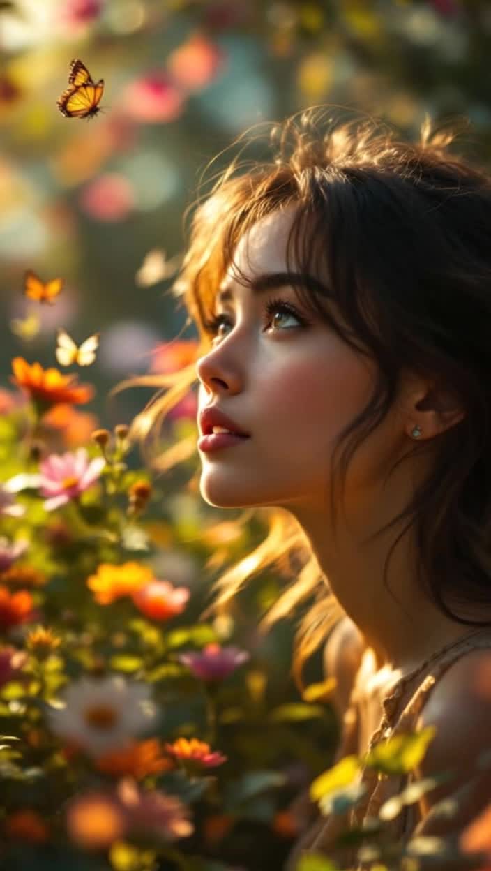 Curious soul gazing thoughtfully into the distance soft sunlight illuminating features gentle breeze tousling hair, Heartfelt conversation flowing effortlessly as laughter dances between them, Enchanting garden alive with vibrant flowers butterflies fluttering by creating an intimate atmosphere filled with warmth and connection