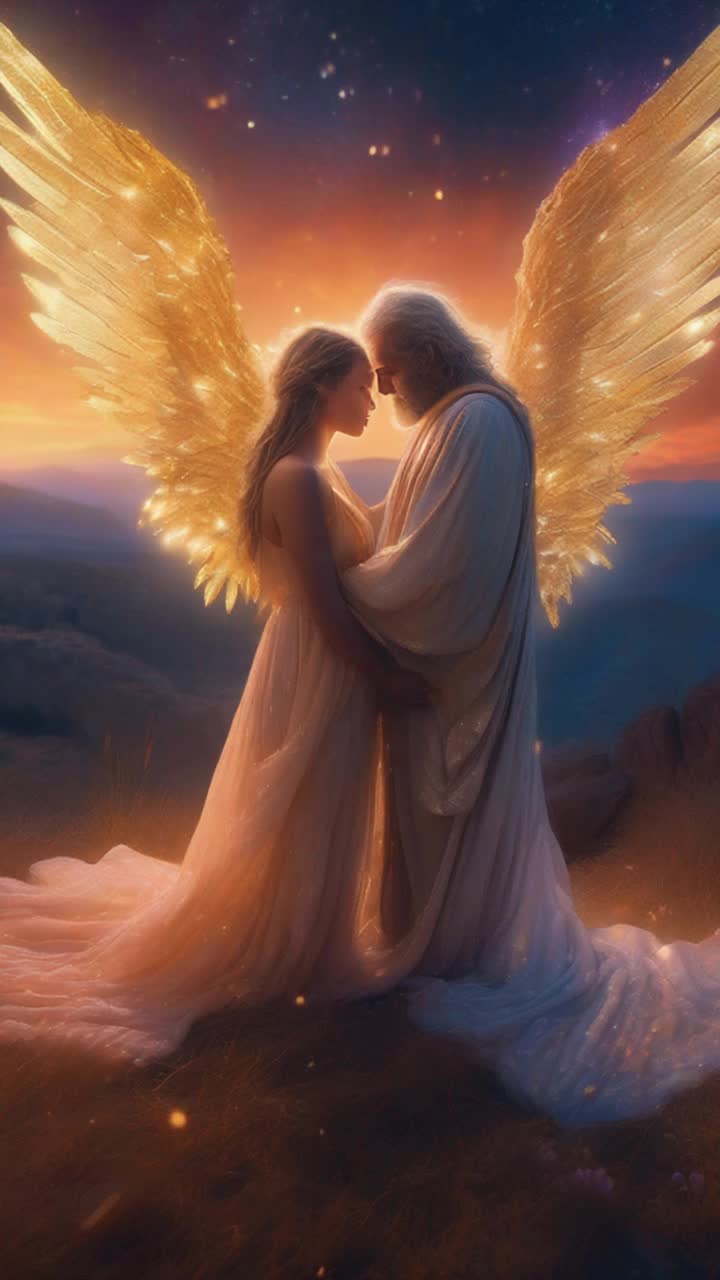 Two figures bathed in soft golden light Seraphim with sparkling wings and a rugged man gazing with deep sorrow A heart-wrenching moment unfolds as Seraphim steps back with a shudder the single tear cascading down her cheek Time seems to stand still amidst a backdrop of vibrant twilight colors blending into an ethereal landscape of fading stars and distant mountains Heartbreak lingers in the air as shadows lengthen signaling an impending separation sadness hangs like a thick mist enveloping the scene