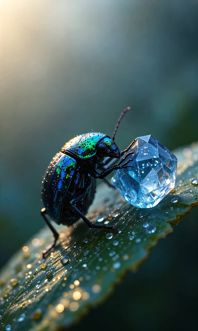 Jewel beetle vibrant shades of iridescent blue and green perched delicately on sparkling dewkissed leaf Raw sapphire crystal glowing softly reflecting shimmering light Magical mist envelops scene bathed in warm golden hour backlighting Ethereal atmosphere enhances intricate details of beetles exoskeleton Surrounding foliage blurred with shallow depth of field Rich cinematic lighting highlights textures and colors Unrivaled clarity captured in stunning 8K resolution using Hasselblad H6D camera